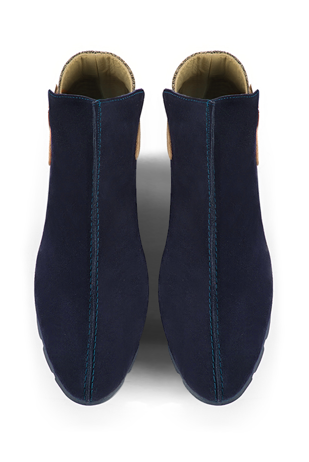 Midnight blue, dark brown and biscuit beige women's ankle boots with buckles at the back. Round toe. Flat rubber soles. Top view - Florence KOOIJMAN